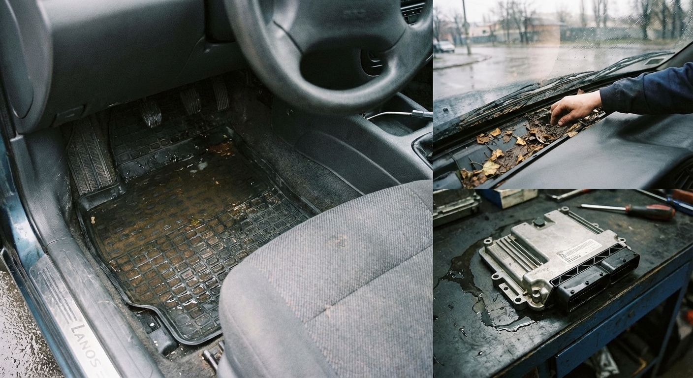 Вода на килимках після дощу: чому чистка дренажів у ніші під двірниками (жабо) врятує ваш блок управління двигуном